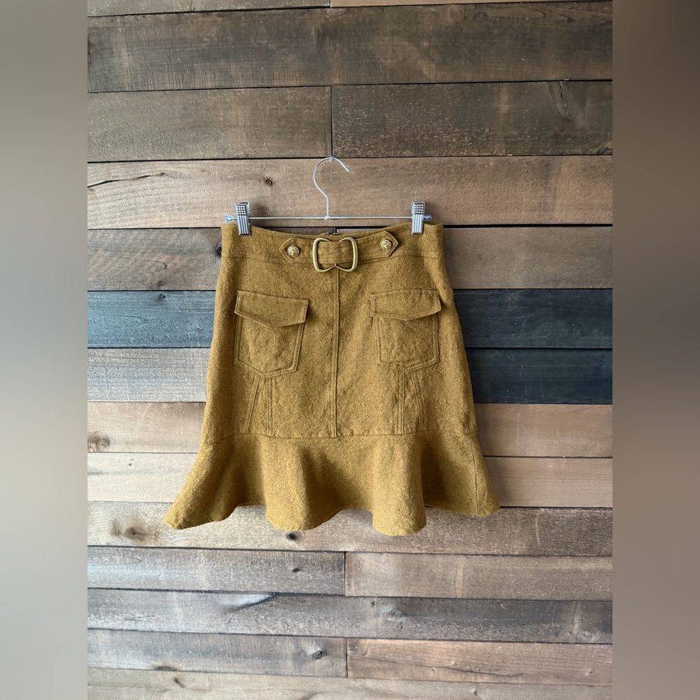 Vintage Inspired Mustard Wool Cargo Mini Skirt Buckle Flounce Hem - Picture 7 of 12